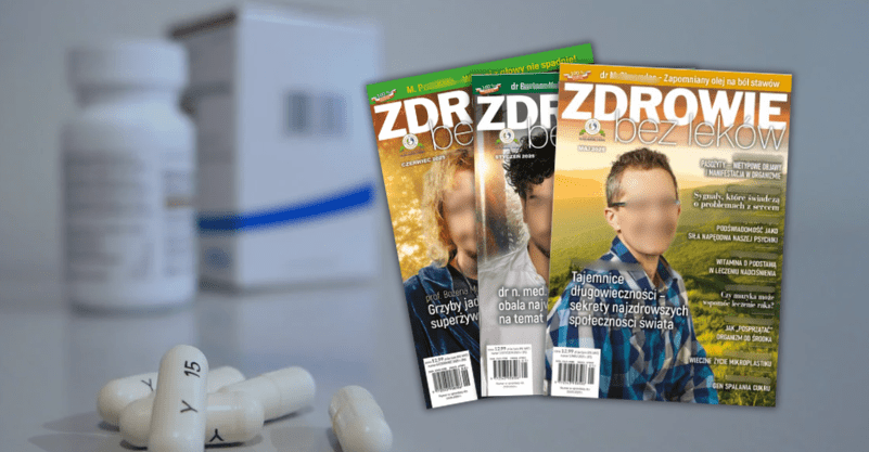 W tle pudełko po lekach i trzy okładki "Zdrowia bez leków"