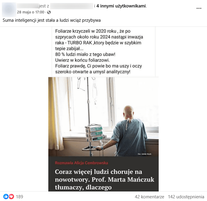 Zrzut ekranu wpisu na Facebooku. Na górze podpis i elementy interfejsu platformy, na dole zrzut ekranu z grafiką stockową przedstawiającą pacjenta i tytuł artykułu.
