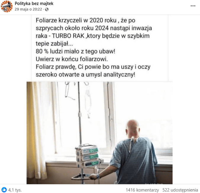 zrzut ekranu wpisu na Facebooku. Na górze podpis i elementy interfejsu platformy, na dole zrzut ekranu z grafiką stockową przedstawiającą pacjenta.