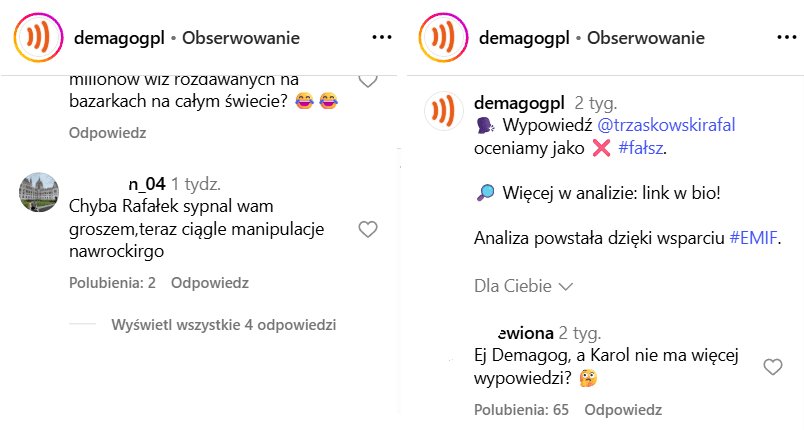 Dwa komentarze pod postami Demagoga na Instagramie. Po lewej internauta zarzuca „Rafał sypnął wam grosze, teraz ciągle manipulujecie nawrockiego”. Po prawej inna osoba pyta „Ej Demagoga, a Karol nie ma więcej wypowiedzi?”