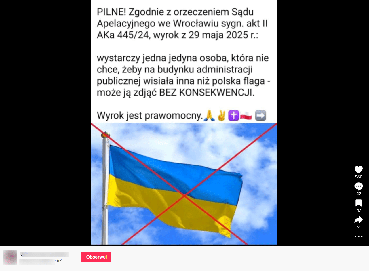 Zrzut ekranu z platformy Tiktok, gdzie widnieje fałszywa informacja o możliwości ściągania obcych flag z budynków administracji państwowej. 