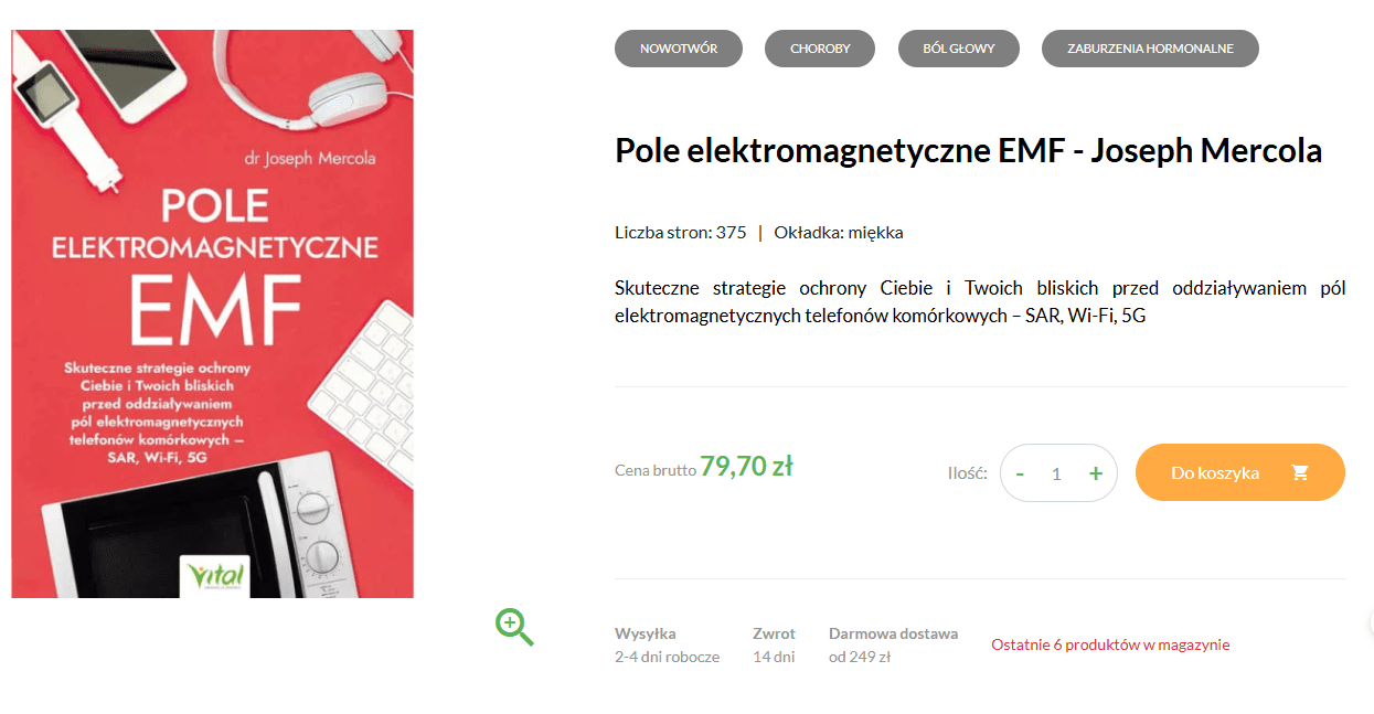 Publikacja autorstwa Josepha Mercoli „Pole elektromagnetyczne EMF” w sprzedaży
