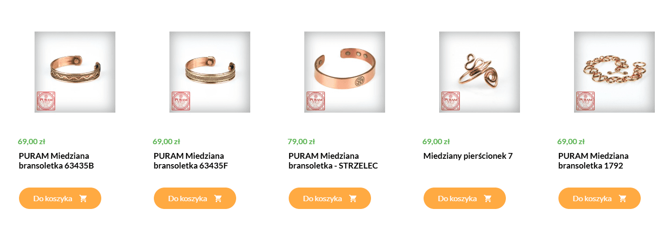 Prezentacja miedzianych ozdób na stronie.