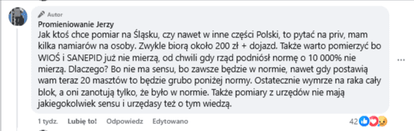 Zrzut ekranu z platformy Facebook, na której widnieje komentarz oferujący usługi pomiaru promieniowania elektromagnetycznego. 