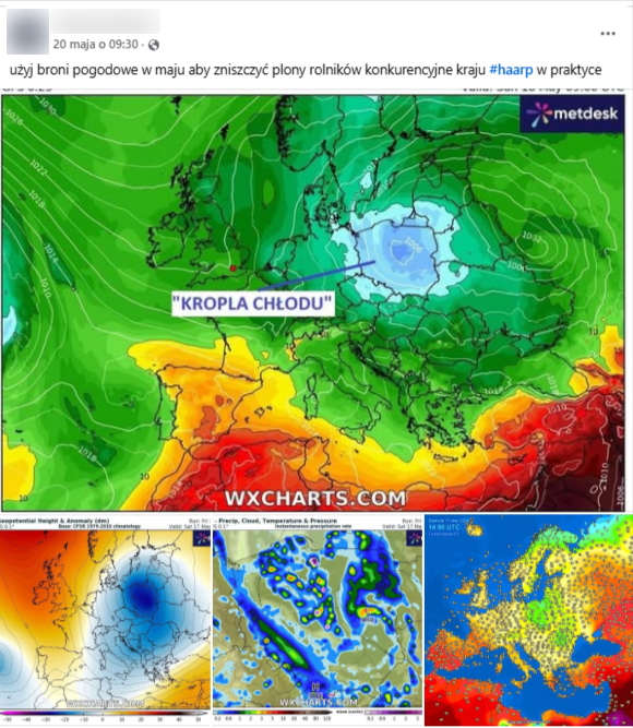 Wpis na Facebooku z mapami przedstawiającymi warunki atmosferyczne w Polsce. Widać, że na kilku z nich Polska jest zmniejsza od pozostałych państwa