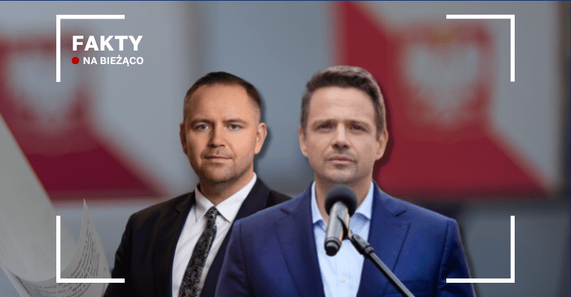 Nawrocki i Trzaskowski na tle urn wyborczych. Z lewym górnym rogu napis „Fakty na bieżąco”