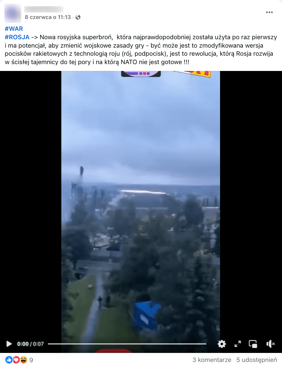 Zrzut ekranu przedstawiający post opublikowany na platformie Facebook.com. Do opisu mówiącego o tym, że Rosjanie opracowali nową broń, która ma potencjał do zmiany wojskowych zasad gry, dołączono nagranie.