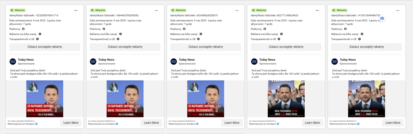 Zrzut ekranu z platformy Facebook Ads, na której widzimy reklamy prowadzące do podejrzanych linków z użyciem wizerunku Rafała Trzaskowskiego. 