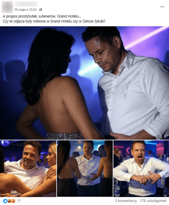Zrzut ekranu z platformy Facebook, na którym widnieją cztery fotografie stworzone przez sztuczną inteligencję. Ukazują one rzekomo Rafała Trzaskowskiego bawiącego się na imprezie w towarzystwie kobiet i alkoholu. 