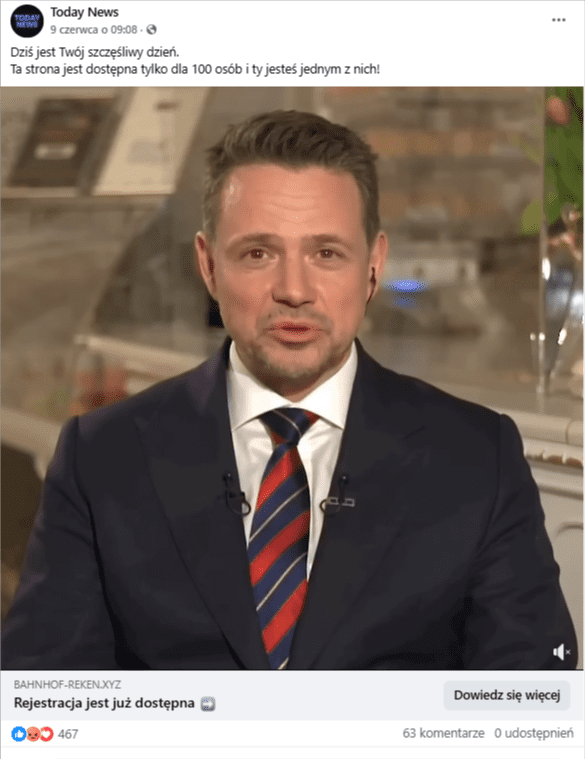Zrzut ekranu z platformy Facebook, na której widnieje wizerunek Rafała Trzaskowskiego wykorzystany przez technologię deepfake.