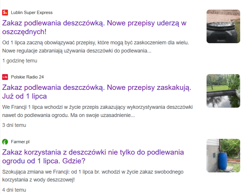 Zbiór tekstów, które informowały o zakazie podlewania wodą deszczową we Francji.