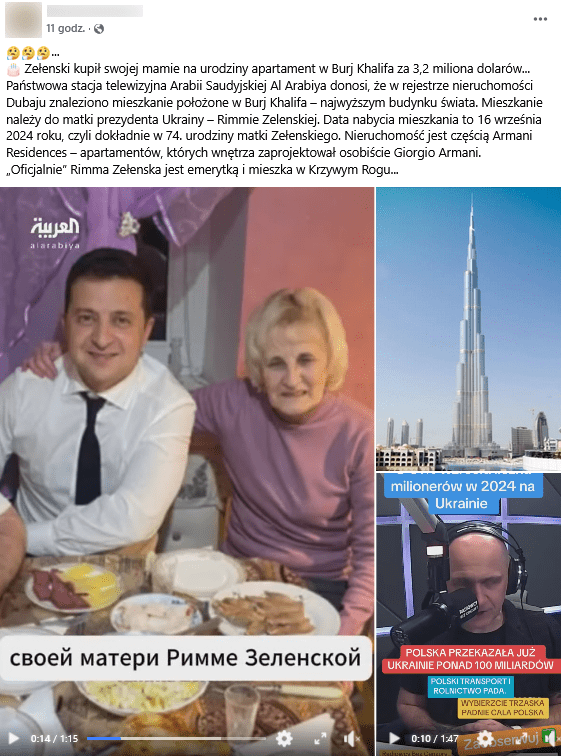 Alt: Zrzut ekranu wpisu na Facebooku. Na górze elementy interfejsu platformy i podpis, na dole klatka z filmu przedstawiająca Wołodymyra Zełenskiego z Rimmą Zełenską, zdjęcie wieżowca Burj Khalifa i klatka z innego filmu.